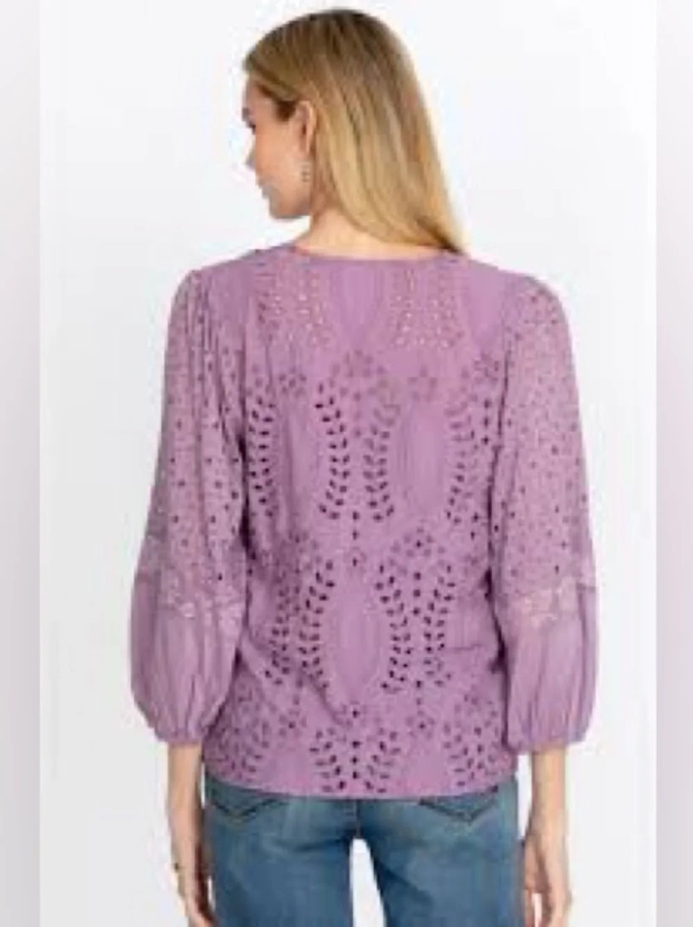 Johnny Was Lavender Eyelet Embroidered Peasant Blouse